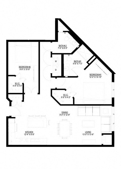 Floor plan for 2 beds, 1.5 baths, 1125 sqft